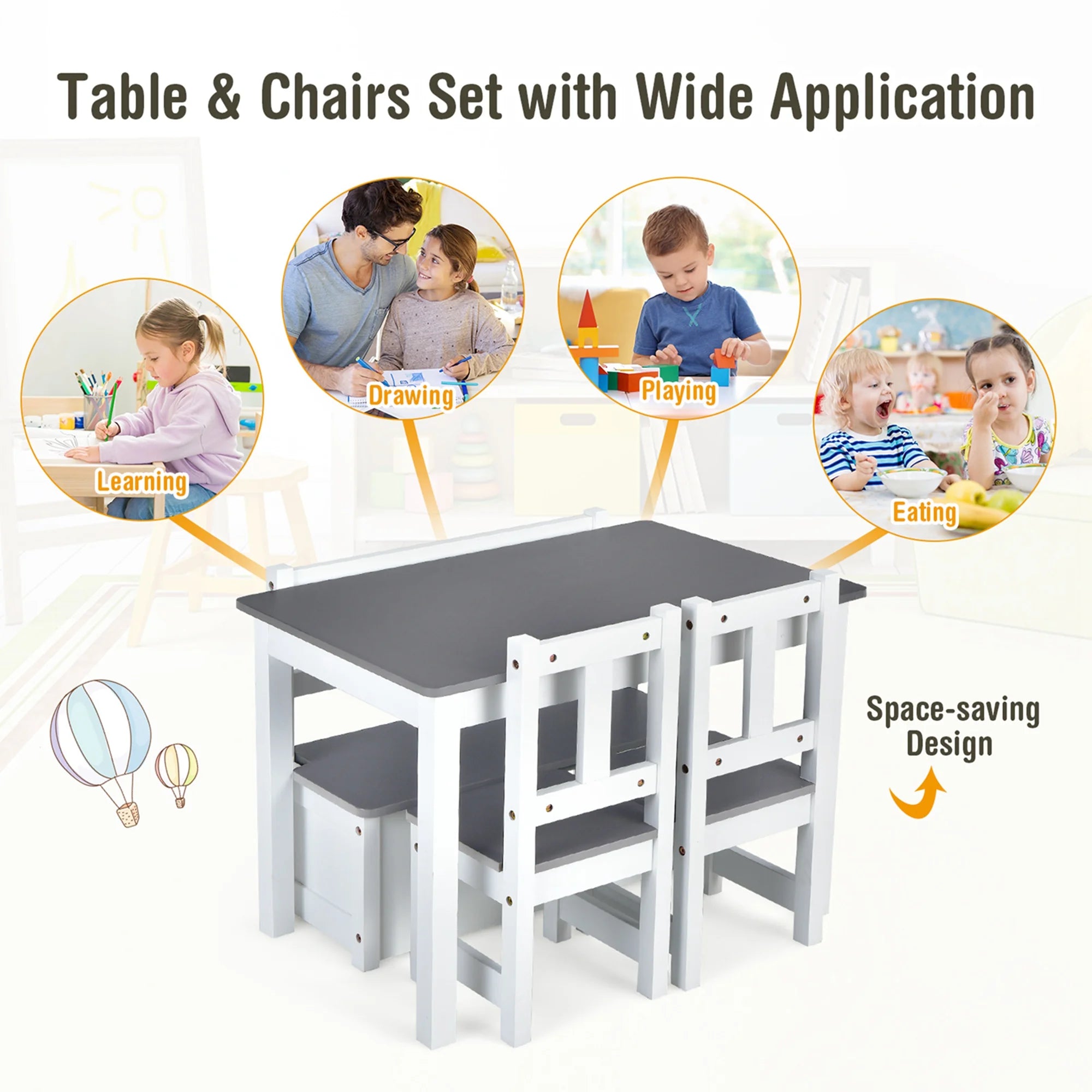 4 PCS Kids Wooden Activity Table & Chairs Set
